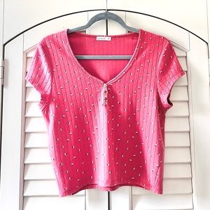 Cotton On Large Coral V-Neck Cotton Flower Print Ribbed Crop Top